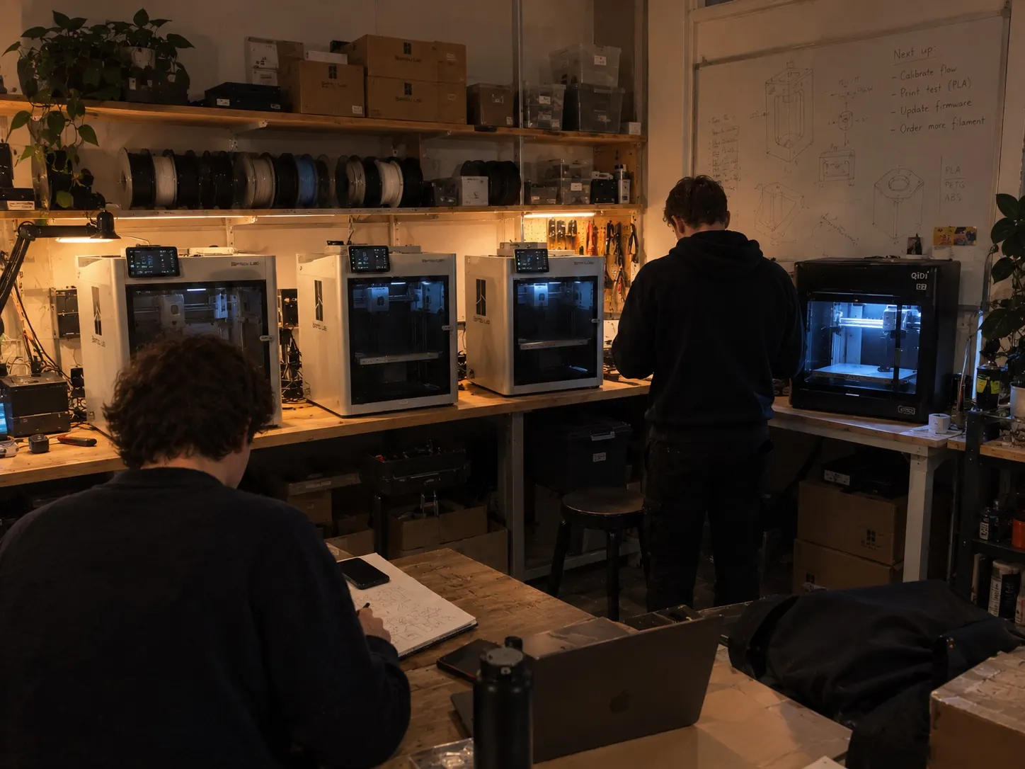 Kvällsarbete i verkstaden: en medarbetare skissar medan en annan står vid 3D-skrivarna