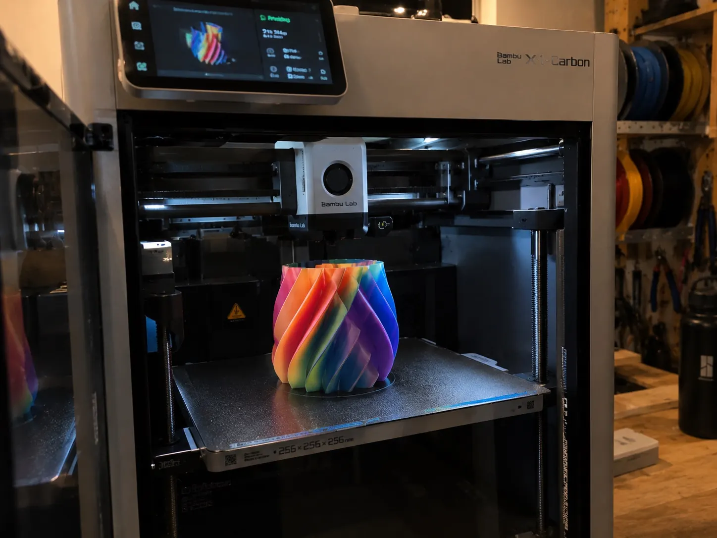 Regnbågsfärgad vas som multicolor-printas i en Bambu Lab X1-Carbon